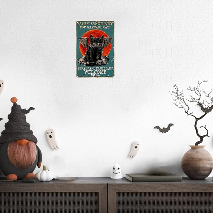 Vintage Black Cat Sign Salem Sanctuary For Wayward Cats Tin Sign for Home Bedroom Living Room Wall Art Decoration 8x12 inch (3034)