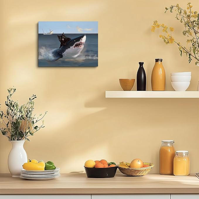 TBT Funny Cat Canvas Wall Art, Funny Quirky Cat and Shark Pictures Canvas Print Animal Lover Gifts Abstract Cats Shark Posters Wall Decor for Living Room Bathroom Kitchen Farmhouse Decor 11.5x15In