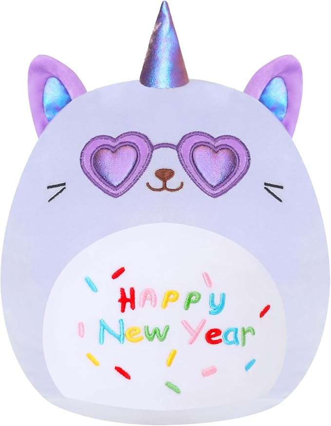 SQEQE Cat Plush Unicorn Cat Stuffed Animal Toy Happy New Year Plushies Kawaii Animal Plushie Doll Gifts for Kids Christmas Party Decoration(Purple, 10 Inch)