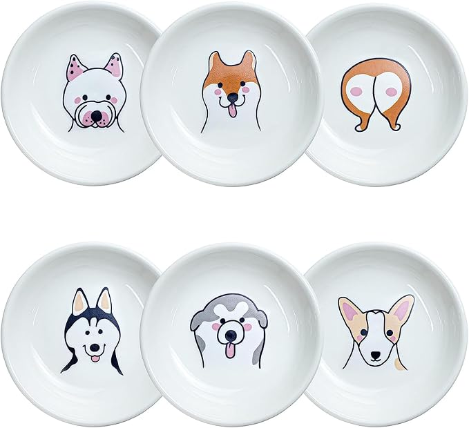 Super Cute Cartoon Animal Pattern Ceramic Sauce Dish/Seasoning Dish/Sushi Soy Dipping Bowl/Appetizer Plates/Serving Dish for Kitchen Home(Set of 6)-Dog Heads