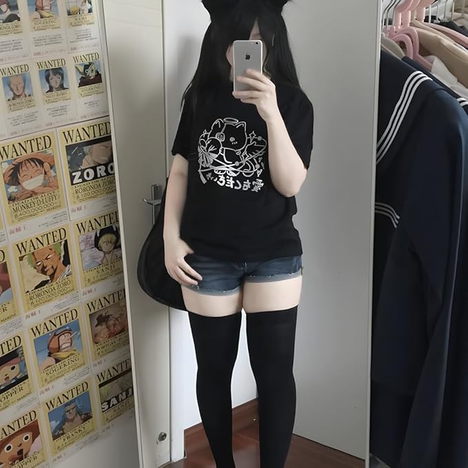 Y2K Gothic Grunge Kawaii Fashion Casual Style Crew Neck Short Sleeve Goth Cartoon Cat Graphic Print T-Shirt