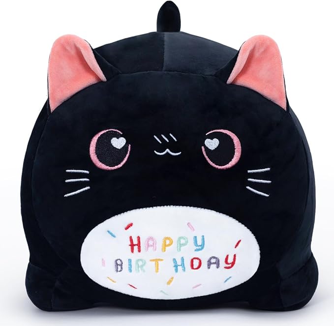 Birthday Cat Plush Pillow Stuffed Animal Toy, Black Birthday Cat Plush Stuffed Animals, Soft Cat Plush Pillow for Kids(Black Cat, 40cm/15.7inch)