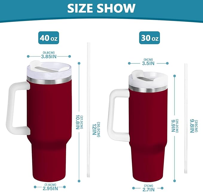 Boccsty Burgundy Solid Color Insulated Tumblers Reusable Stainless Steel Tumbler 40 oz Cup Coffee Travel Mug Water Bottle with Handle & Flip Straw for Home Office Car
