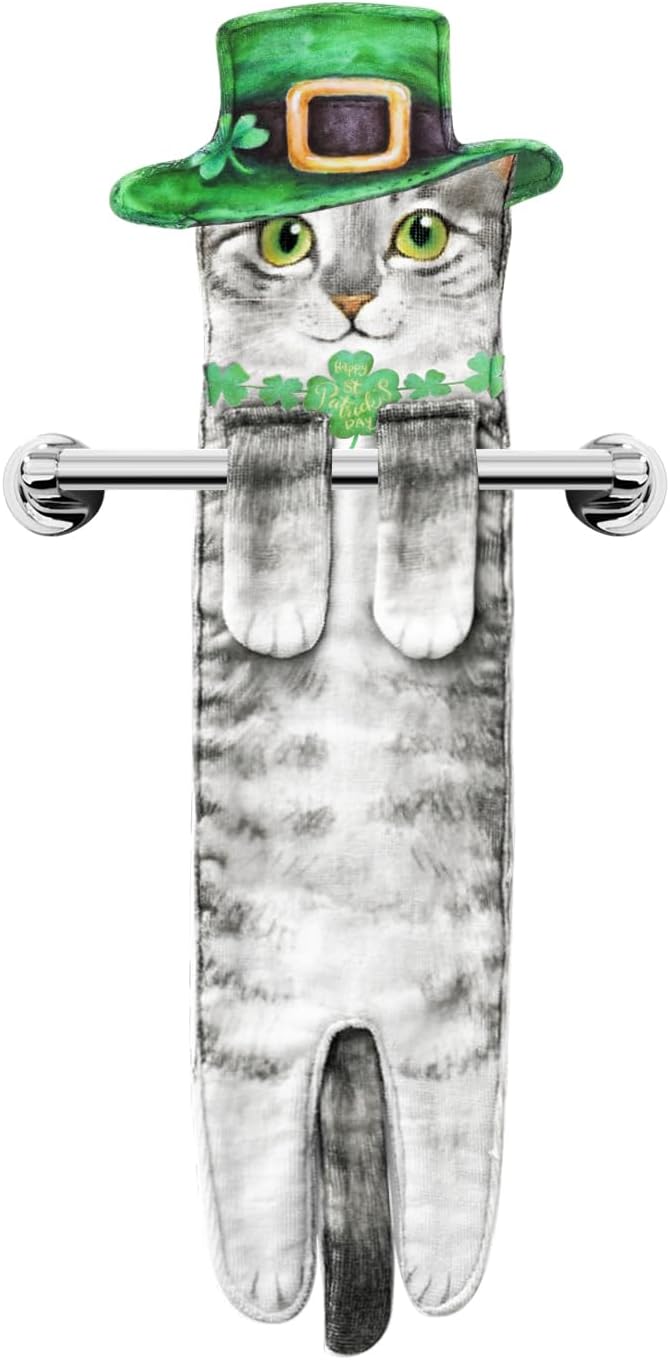 St Patrick's Day Cat Hand Towels for Kitchen Bathroom Decorations Gifts - Cute Shamrock Green Hanging Soft Absorbent Face Towel - Funny Birthday Housewarming Unique Gift for Women Mom Lady Cat Lovers