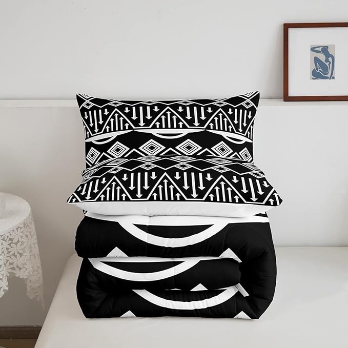 Boho Aztec Bedding Set King Size Black and White Comforter Set Exotic Morden Triangle Lattice Down Comforter Tribal Minimalism Room Decor 3 Pieces Quilted Duvet for Adult Men Women