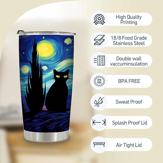 Starry Night Black Cat - 20 OZ Stainless Steel Insulated Tumbler - Personalized Coffee Cup - Gifts for Women - Birthday Gifts