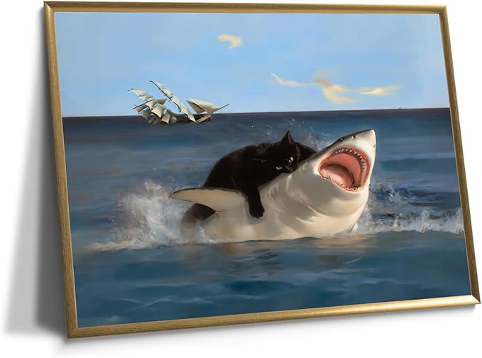 Yaneiro Black Cat Wall Art, Funny Quirky Cat and Shark Pictures Canvas Print, Abstract Black Cat Shark Posters Wall Decor for Room Bedroom Living Room Bathroom 12x16in Unframed