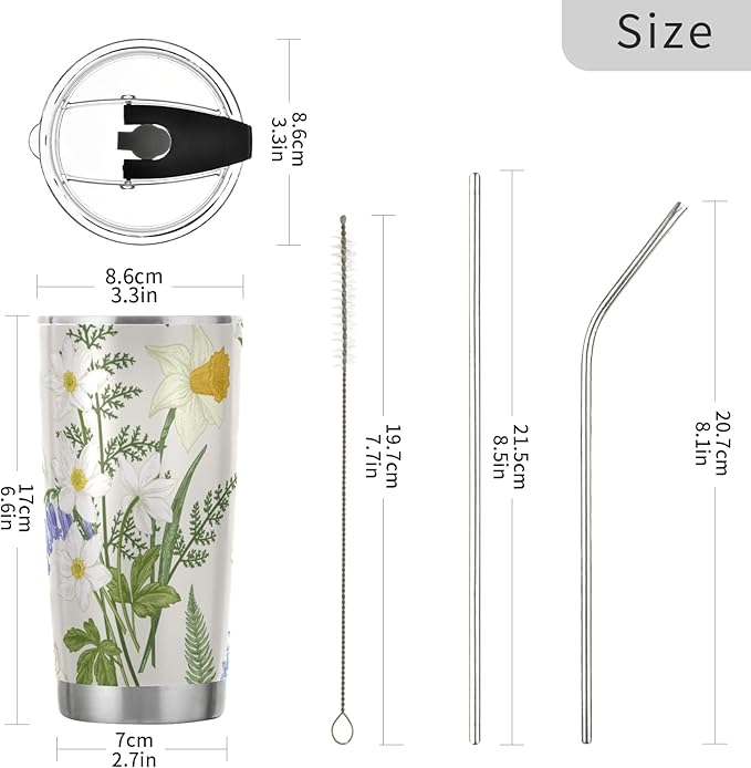 Tumbler Garden Flower Purple White Insulated Coffee Cup Beverage Container Travel Mug with Straw and Lid Double Wall Stainless Steel 20oz Office, Back to School