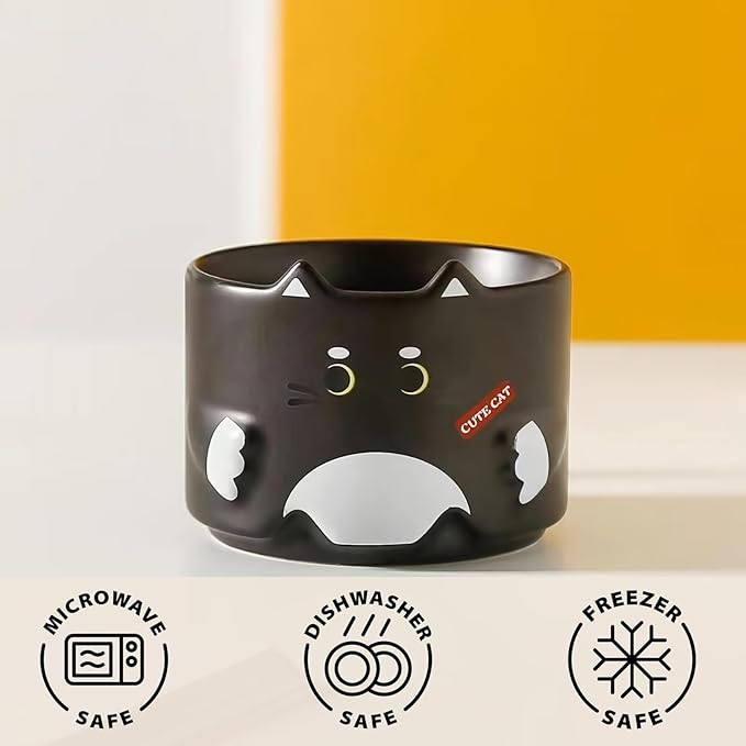 Stackable Cat Mug Set of 2 - Adorable Ceramic Coffee Mugs for Cat Lovers, Funny Cartoon Designs, Perfect Gifts for Party, Christmas, and Enthusiasts, 10 oz, Black and White