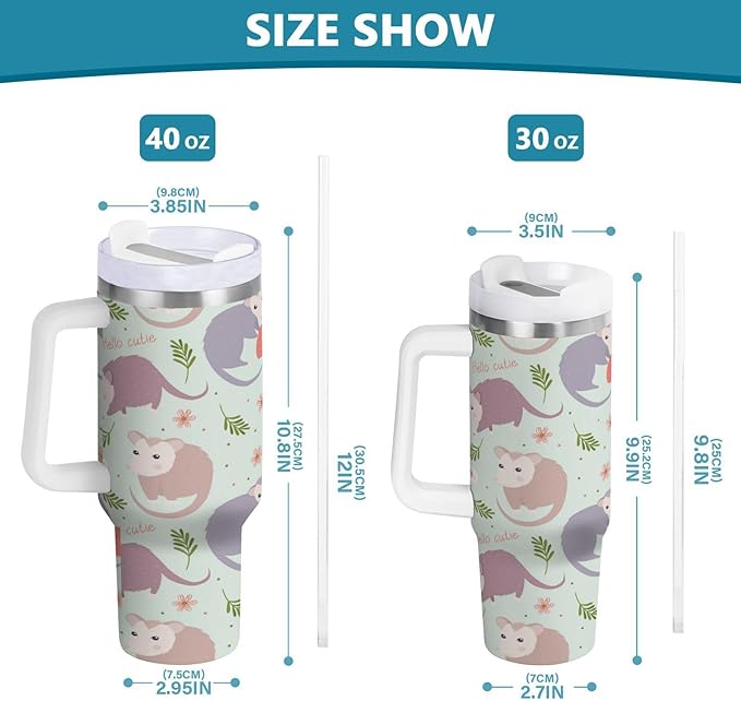 Boccsty Possums Cute Animal Insulated Tumblers Reusable Stainless Steel Tumbler 40 oz Cup Coffee Travel Mug Water Bottle with Handle & Flip Straw for Home Office Car