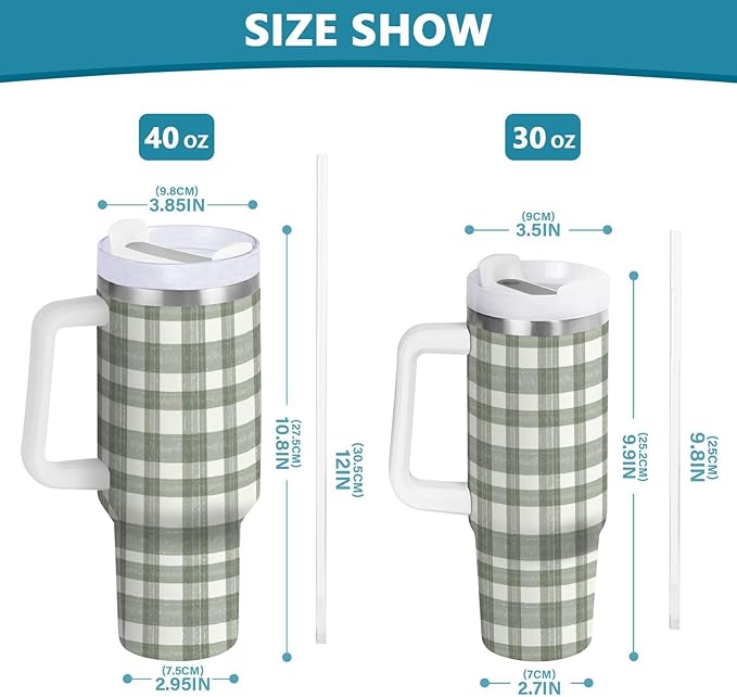 Boccsty Watercolor Sage Green Plaid Insulated Tumblers Reusable Stainless Steel Tumbler 40 oz Cup Coffee Travel Mug Water Bottle with Handle & Flip Straw for Home Office Car