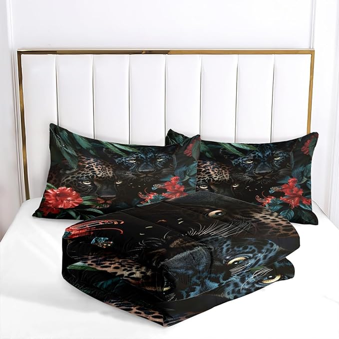 Black Cheetah Comforter Set Queen Tropical Jungle Leopard Bedding Set Wild Animal Bedding Green Leaves Red Floral Comforters Ultra Soft Down Alternative Comforter Sets for Boys Girls Teens