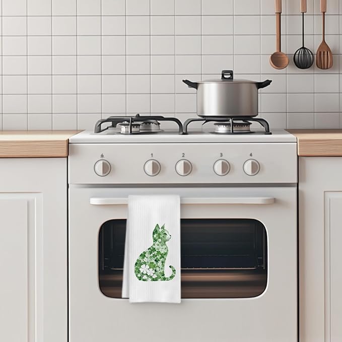 St Patrick's Day Cat Kitchen Towel, Four Leaf Clover St Patrick's Day Hand Towel, Lucky Shamrock St Patricks Day Cat Dish Towel, St Patrick's Day Kitchen Bathroom Decor, 16x24 Inch