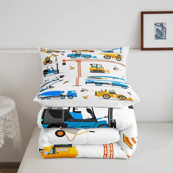 Tractor Comforter Set King Excavator Bedding Set For Boys Kid Construction Trucks Down Comforter Yellow Blue Equipment Truck Machinery Vehicle Bedroom Decor Forklift Bulldozer Crane Duvet Insert