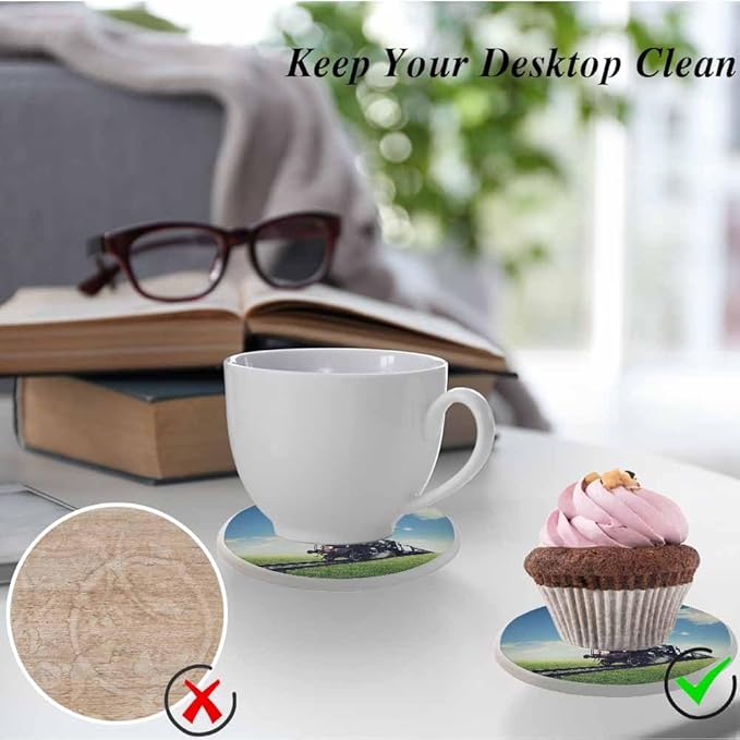 Steam Engine Train Coasters for Drinks Crosses a Green Lawn Coasters for Table Ceramic Absorb Stone Coasters with Coffee Table Cork Base for Home Decor 2 Pcs