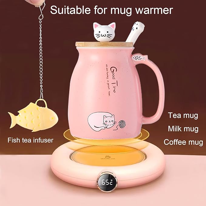 BigNoseDeer Kawaii Tea Cup with Infuser Cute Cat Mug Ceramic Coffee Mug Tea Mug Pink Cute Cool Preppy Stuff Gifts for Women Cat lover Gifts 13oz