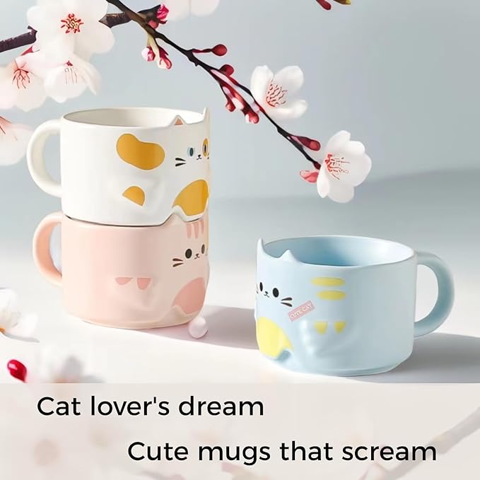 Stackable Mug Set of 4, Adorable Ceramic Coffee Mugs with Funny Cartoon Cat Designs, Perfect Gifts for Parties, Christmas, and Cat Lovers, 10 oz