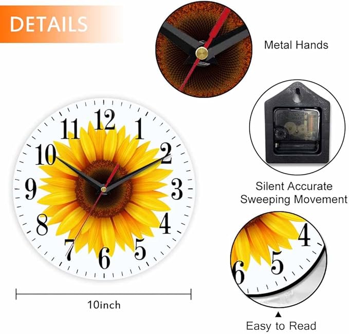 Sunflower Flower Wall Clock Beautiful Yellow Floral Blooming Nature Bright 10 Inch Silent Non Ticking Battery Operated Clock Vintage Round Clock for Living Room Bedroom Bathroom Office Decor