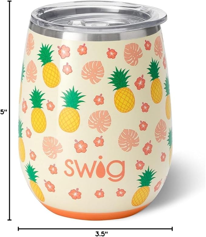 Swig Life 14oz Insulated Wine Tumbler with Lid | Discontinued Prints | Dishwasher Safe, Holds 2 Glasses, Stainless Steel Outdoor Wine Glass (Pineapple)