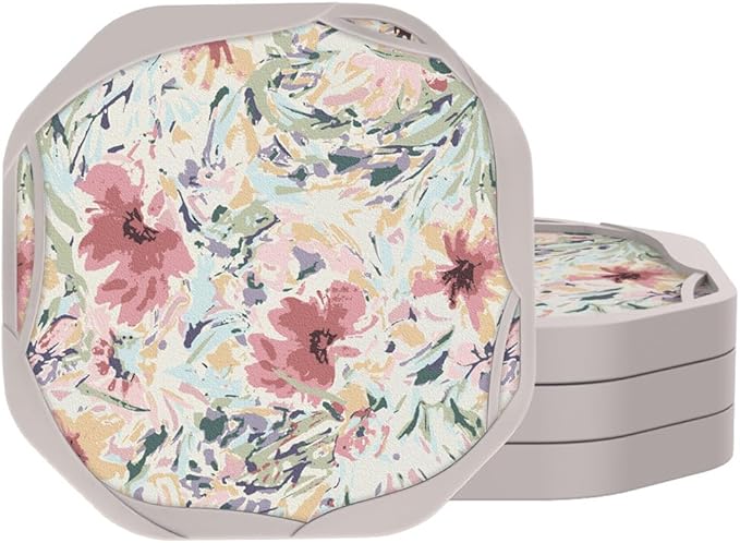 UMIRRO Absorbent Coasters for Drinks, Floral Silicone Cup Coaster with Felt Insert for Coffee Table Decor, Small Unique Birthday Gift Ideas for Men Dad Him Women Mom Her, 4", Colorful, Set of 4