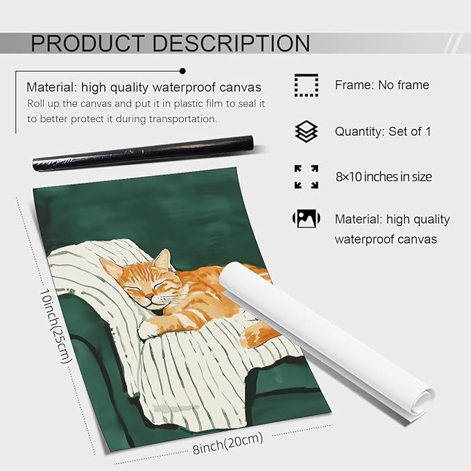 Sleeping Orange Cat poster Green Aesthetic Wall Art Preppy Funky Cute Animal Canvas Painting Gift For Cat Lover for Cozy Room Wall Decor 08x10 inch Unframed