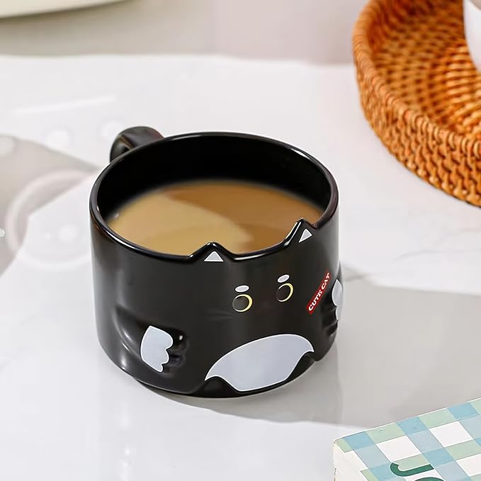 Stackable Cat Mug Set of 2 - Adorable Ceramic Coffee Mugs for Cat Lovers, Funny Cartoon Designs, Perfect Gifts for Party, Christmas, and Enthusiasts, 10 oz, Black and White