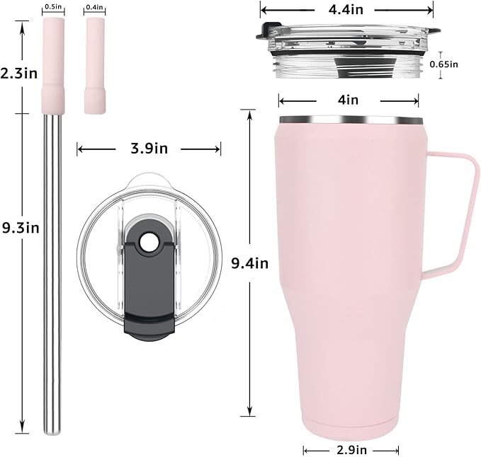 Sursip 40 oz Insulated Tumbler with Screw Lid - Stainless Steel Vacuum Cup with Straw and Handle, Keeps Drinks Cold up to 24 Hours - Sweat/Leak Proof, Dishwasher Safe, Fits Car Cup Holder (Pink)