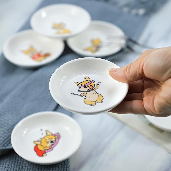 Super Cute Cartoon Animal Pattern Ceramic Sauce/Seasoning/Sushi Soy Dipping Bowl/Appetizer Plates/Serving Dish for Kitchen Home (Set of 6) - Corgi