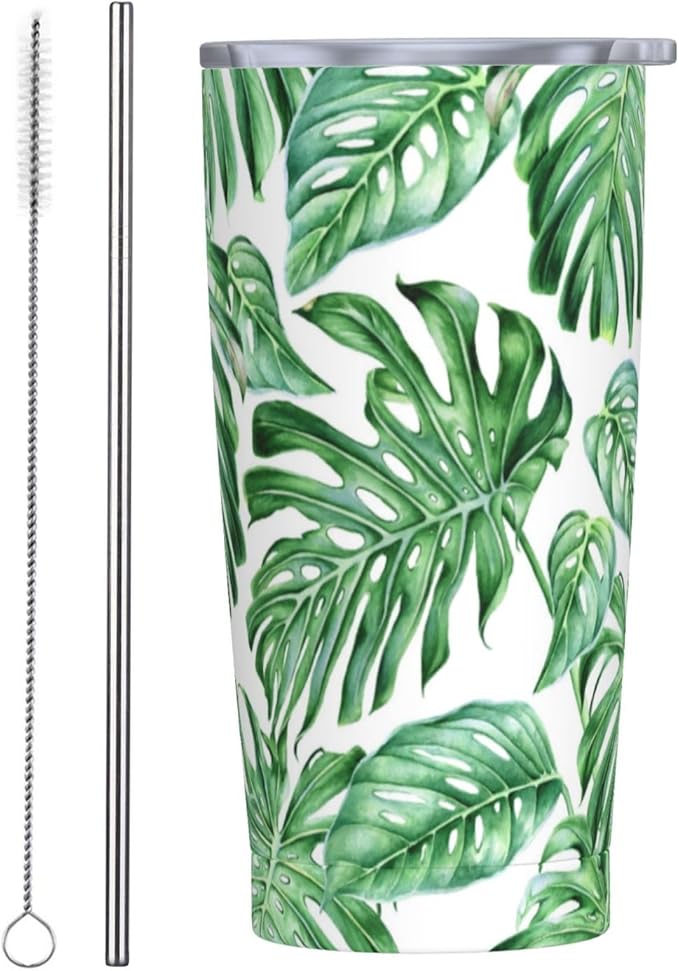 Tropical Palm Leaves Tumbler Stainless Steel Insulated Tumblers with Lid and Straw Reusable Hawaiian Plants Coffee Travel Mug Tea Drinking Wine Cups Unique Gifts for Women 20 Oz