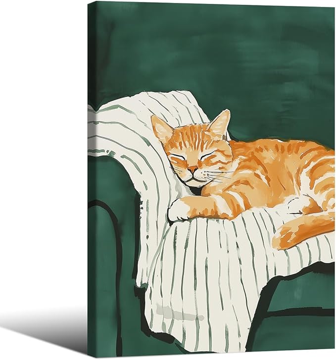 Sleeping Orange Cat poster Green Aesthetic Wall Art Preppy Funky Cute Animal Canvas Painting Gift For Cat Lover 16x24 inch Framed for Cozy Room Wall Decor