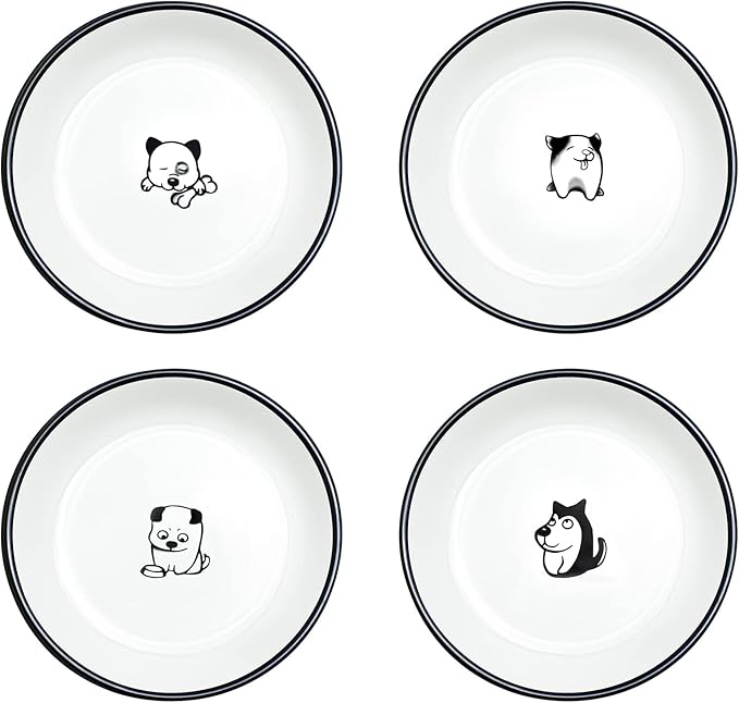 WAIT FLY 5 Inches Funny Dog and Cat Pattern with Brush Strokes Ceramics Seasoning Dishes/Tea Bag Holders/Ketchup Saucer/Appetizer Plates/Seasoning Dipping Bowls, Set of 4