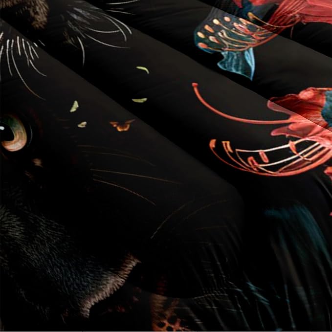 Black Cheetah Comforter Set Queen Tropical Jungle Leopard Bedding Set Wild Animal Bedding Green Leaves Red Floral Comforters Ultra Soft Down Alternative Comforter Sets for Boys Girls Teens