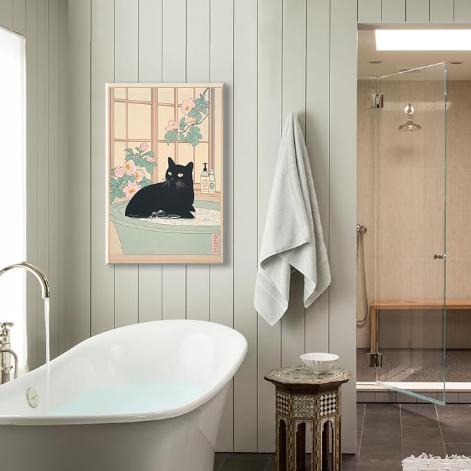 Black Cat Canvas Wall Art, Funny Japanese Cat Bathroom Poster, Cat In A Bubble Bathtub Painting, Neutral Japan Cat Aesthetic Print, Cat Pink Flowers Green Botanical Picture 24x36in Wrapped Canvas