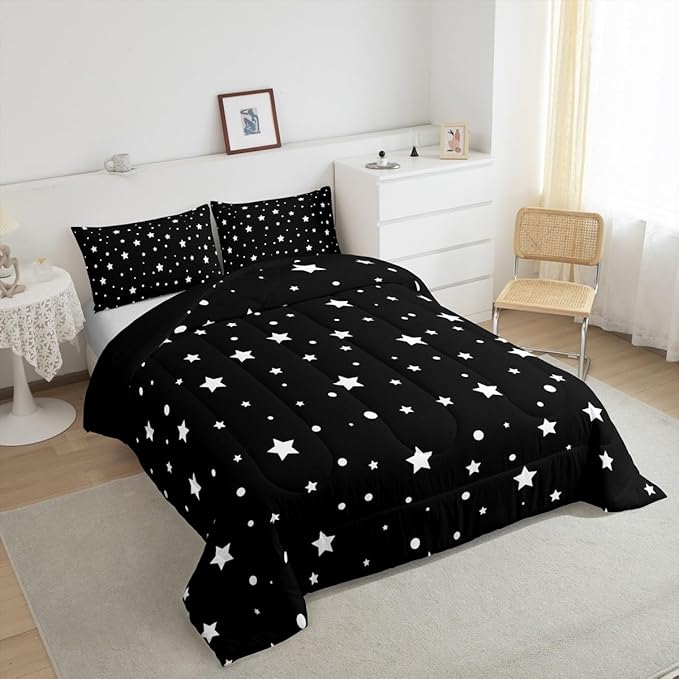 Starry Sky Comforter Set King Size Galaxy Star Bedding Set for Kids Boys Girls, Outer Space Down Comforter, Black and White Geometric Polka Dots Quilt Set Warm Soft Bedroom Decor 2 Pillow Cases