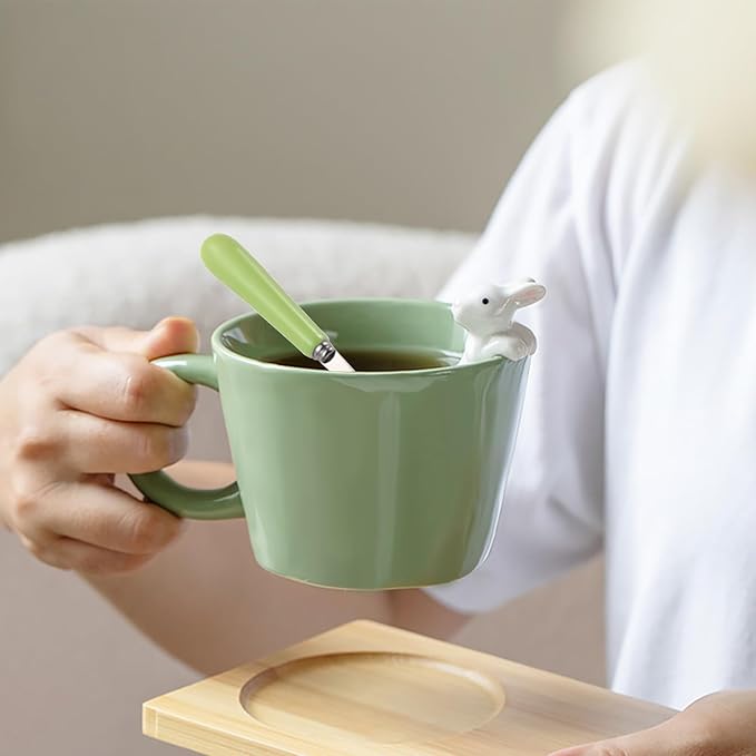 BigNoseDeer Cute Easter Bunny Mugs with 3D Rabbit Inside Kawaii Ceramic Rabbit Coffee Mug with Spoon Cute Gifts Easter Gifts Gag Gifts for Women White Elephant Gifts for Adults 12oz (Green)