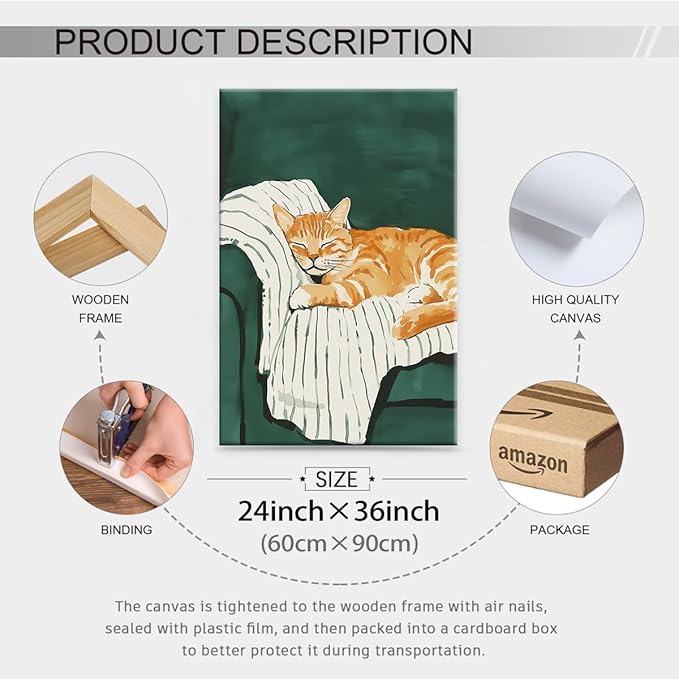 Sleeping Orange Cat poster Green Aesthetic Wall Art Preppy Funky Cute Animal Canvas Painting Gift For Cat Lover 24x36 inch Framed for Cozy Room Wall Decor