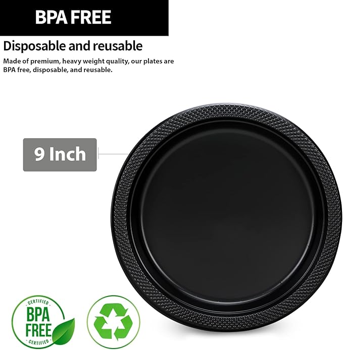 Black Plastic Plates 9 Inch - 50 count - Plastic Solid Round Party Plates For Weddings, BBQs, Birthday Plates - Disposable Black Plates - Plastic Dessert Plates