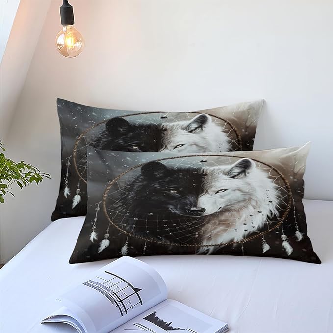 Wolf Bedding Twin Size Black White Wolves Bedding Set Wolf Dreamcatcher Comforter Set for Kids Boys Wild Animal Comforter with 1 Pillowcase