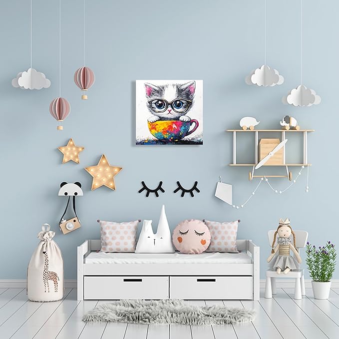 Ypxzzj Cute Kitten in a Teacup Canvas Wall Art, Animal Cat Picture Prints Wall Art, Cute Animal Cat with Glasses Wall Art Poster for Livingroom Bedroom Nursery Room Home Decor Framed Ready to Hang
