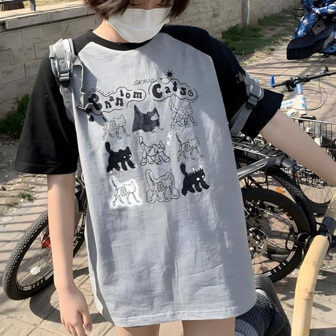 Y2K Harajuku Kawaii Gothic Clothes Casual Crewneck Raglan Sleeve Cartoon Graphic Phantom Cats Print T-Shirt