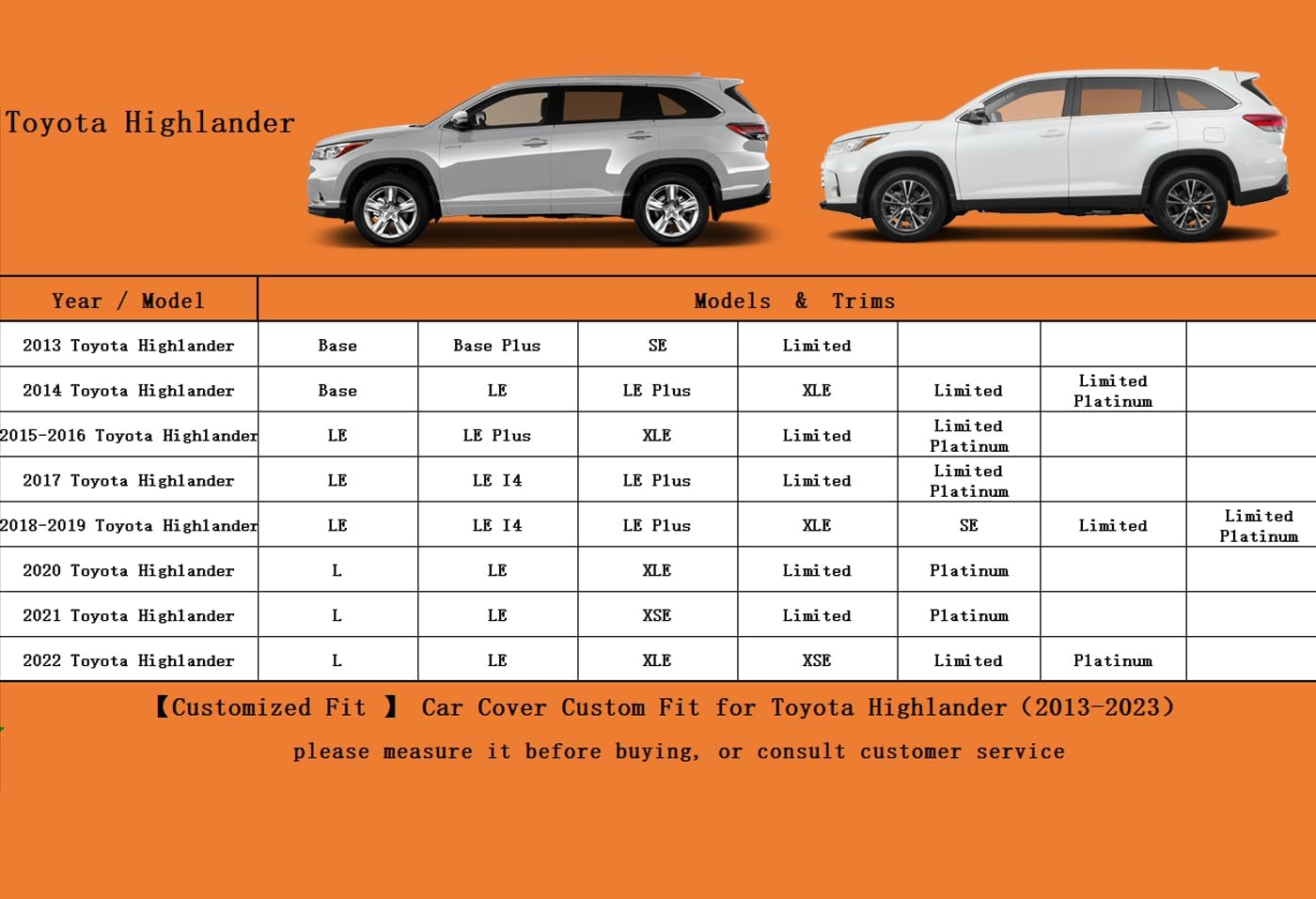 Kayme 7 Layers SUV Car Cover Custom Fit for Toyota Highlander (2013-2025) Waterproof All Weather for Automobiles, Outdoor Full Cover Rain Sun UV Protection.Black