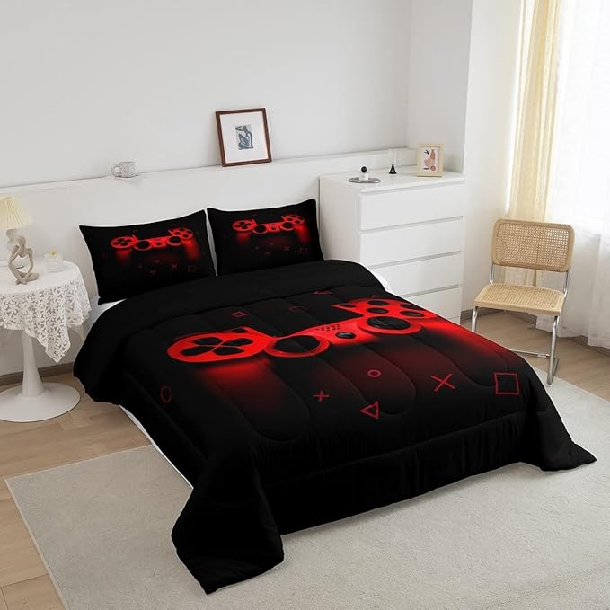Boys Gamer Comforter Set King Size,Gamepad Bedding Set Kids Young Man Video Games Down Comforter for Teen Child Game Room Decor Black Red Classic Retro Gaming Quilted Duvet Set with Pillowcase