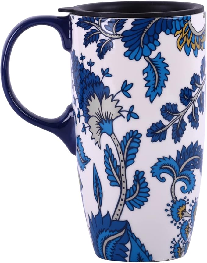 Topadorn Ceramic Mug with Lid and Handle,17oz. Tall Coffee Cup for Home,Party and Birthday,Blue Flower