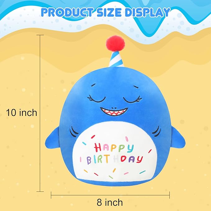 SQEQE Shark Stuffed Animal Toy Happy Birthday Shark Plush Cute Blue Birthday Plushies Doll Home Decor for Kids Girls Boys 10 Inch
