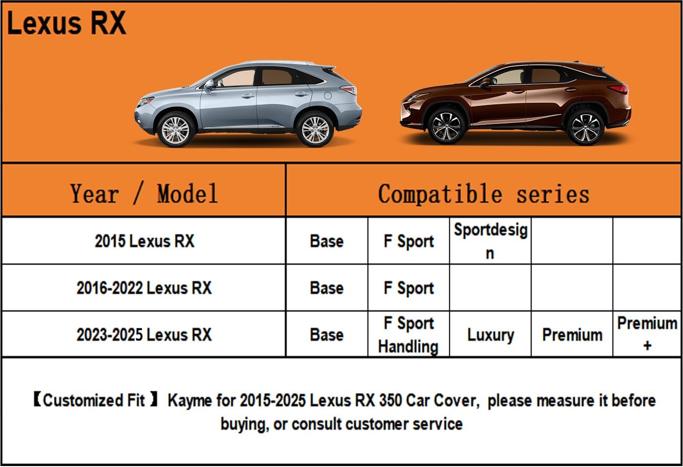 Kayme 7 Layers SUV Car Cover Custom Fit for Lexus RX350 RX 350/RX300/330/350L (2003-2025) Waterproof All Weather for Automobiles, Outdoor Full Cover Rain Sun UV Protection.