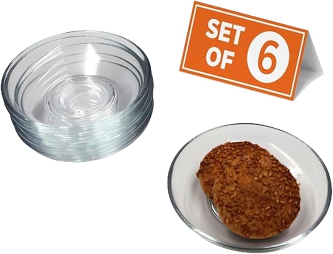 Ums Round Turkish Small Glass Plates Set, 4 Inch - 6 Pieces Round Glass Saucers Set for Coffee, Tea, Snack, Sauce and Appetizer