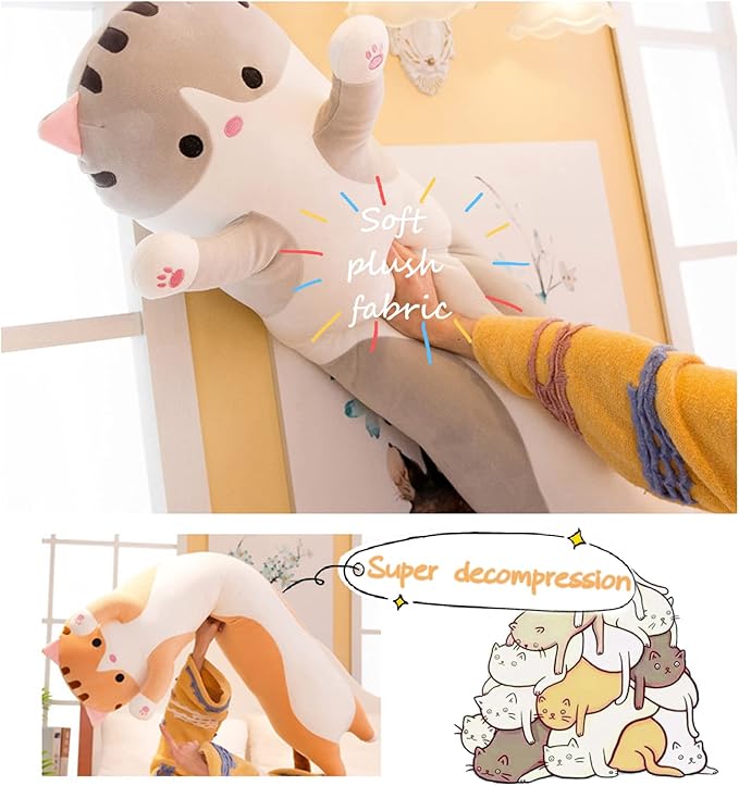 Soft Cat Plush Long Stuffed Animal Sleeping Pillow - Cotton Kitten, Cute Long Body Pillow, Gift for Kids, Girlfriend (19.7inch/50cm, Pink)