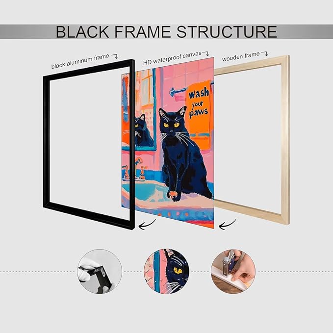 Black Cat Wash Your Paws Fun Wall Art Funky Colorful Bathroom Animal Poster Playful Kitsch Dopamine Aesthetic Canvas Pictures 16x24 inch Black Framed for Bathroom Wall Decor