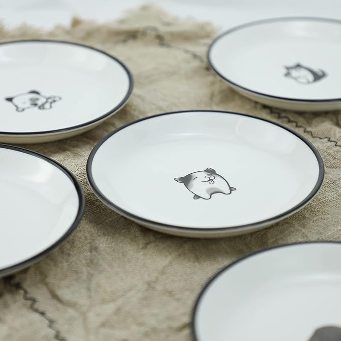 WAIT FLY 5 Inches Funny Dog and Cat Pattern with Brush Strokes Ceramics Seasoning Dishes/Tea Bag Holders/Ketchup Saucer/Appetizer Plates/Seasoning Dipping Bowls, Set of 4