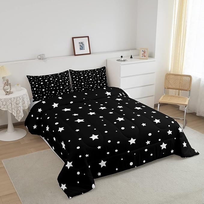 Starry Sky Comforter Set King Size Galaxy Star Bedding Set for Kids Boys Girls, Outer Space Down Comforter, Black and White Geometric Polka Dots Quilt Set Warm Soft Bedroom Decor 2 Pillow Cases